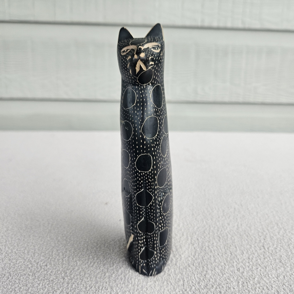 Soapstone Carved Serenity Cat Figurine Abstract Tall 6" Black African Egyptian - Picture 5 of 7